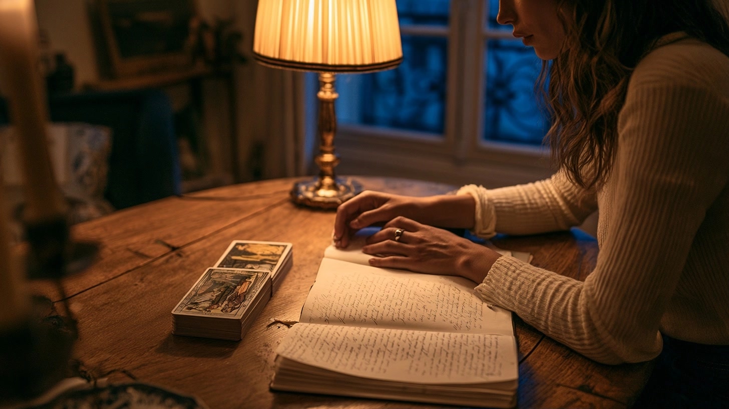 Cartes de tarot et carnet ouverts lors d’un rituel calme du dimanche soir