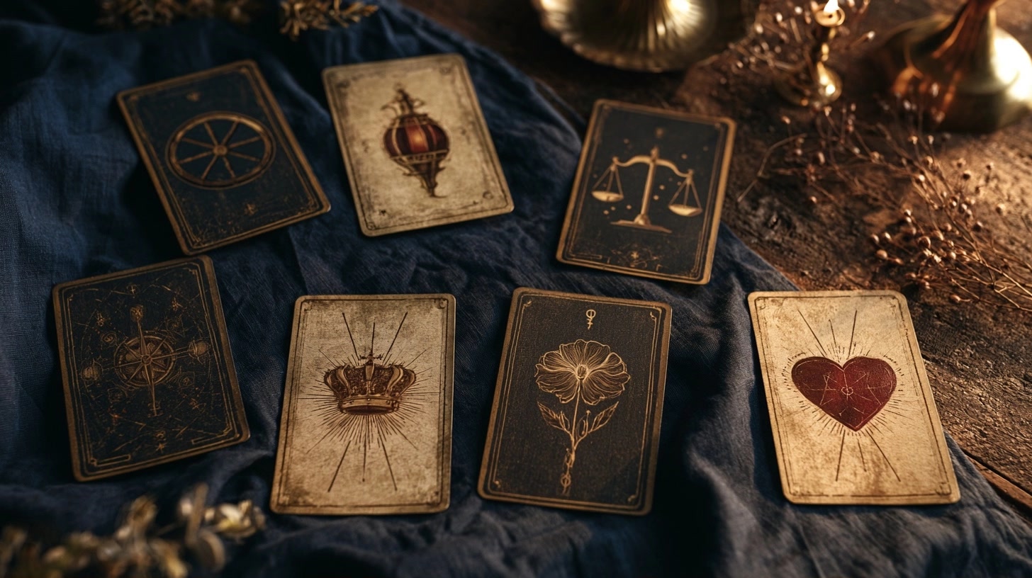 Cartes symboliques disposées pour illustrer les associations de la Roue de Fortune