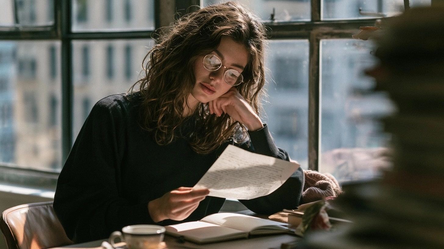Femme qui considère une nouvelle possibilité avec calme près d’une fenêtre