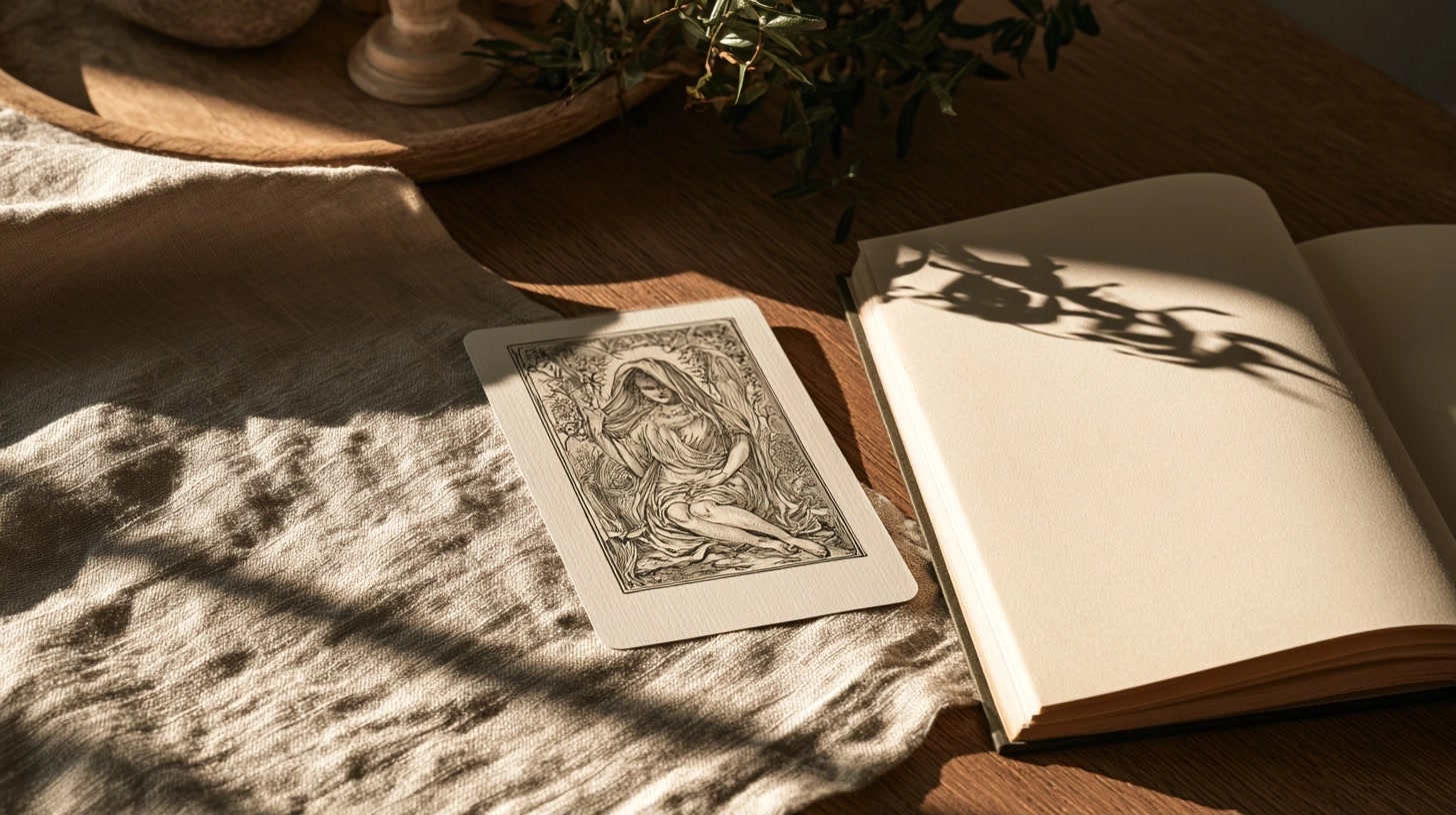 Livre ouvert et carte de tarot originale dans une atmosphère calme