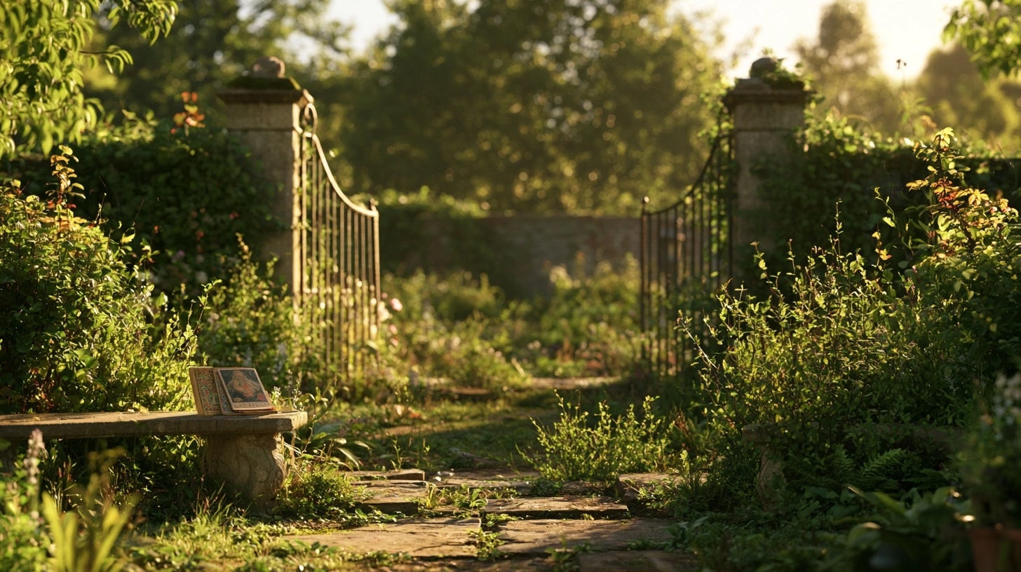 Portail de jardin ouvert sur de jeunes plantes au printemps.