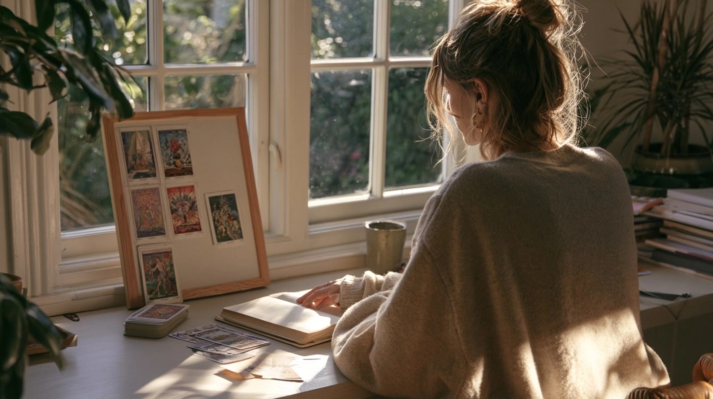 Personne réfléchissant à un projet à son bureau avec un jeu de tarot.