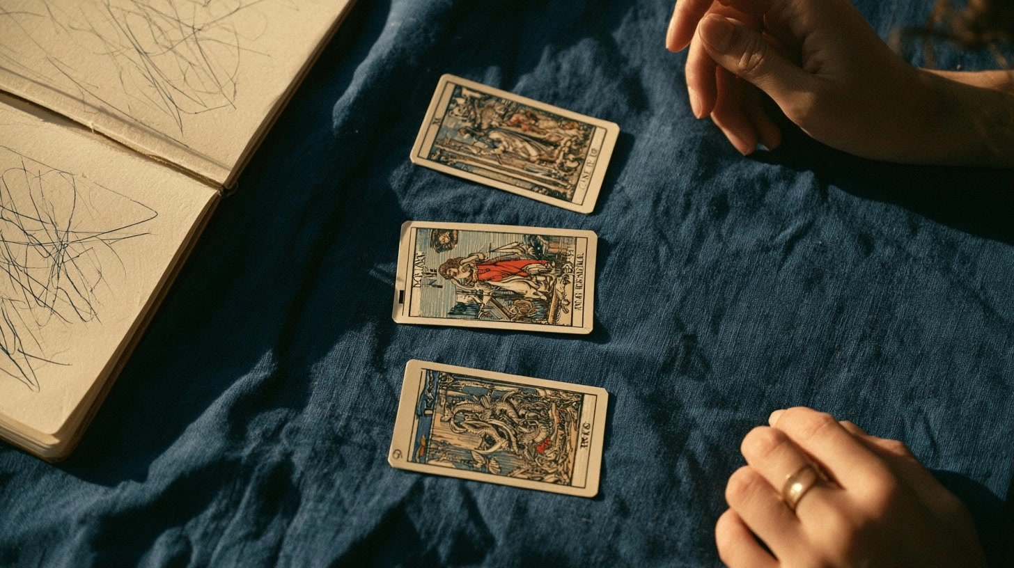 Trois cartes de tarot posées sur un tissu bleu près d’un carnet.