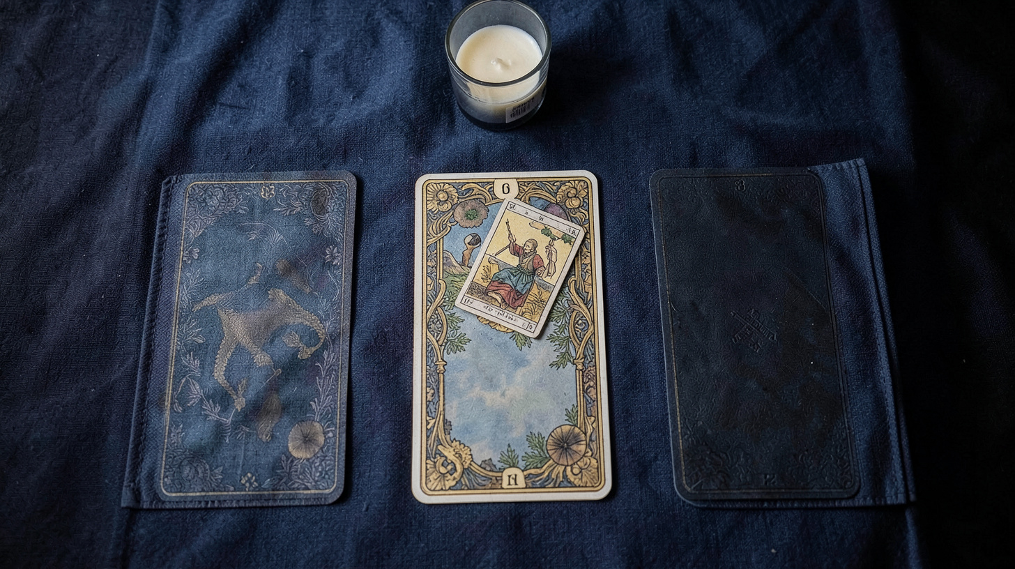 Jeu de tarot posé avec soin pour interpréter une carte renversée
