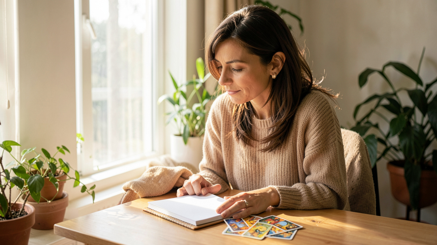Femme observant un carnet et un jeu de tarot dans une lumière du matin