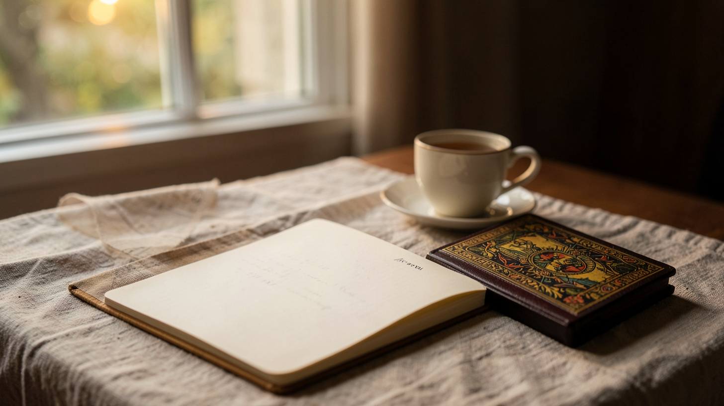 Carnet ouvert et tasse de thé sur une table, lumière douce et ambiance introspective
