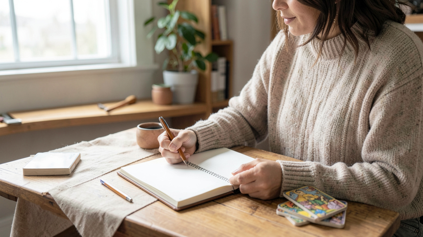 Personne écrivant dans un carnet après un tirage de tarot à la lumière du matin