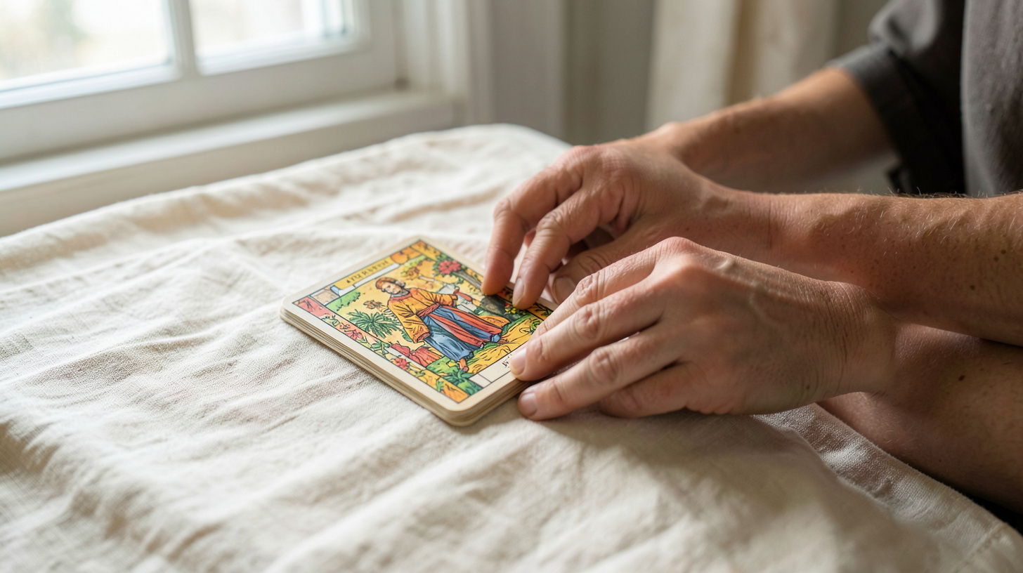 Mains mélangeant des cartes de tarot dans une lumière douce