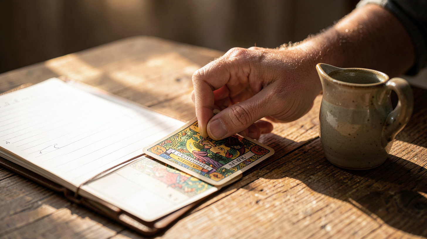 Main adulte retournant une carte sans texte près d’un carnet et d’une tasse