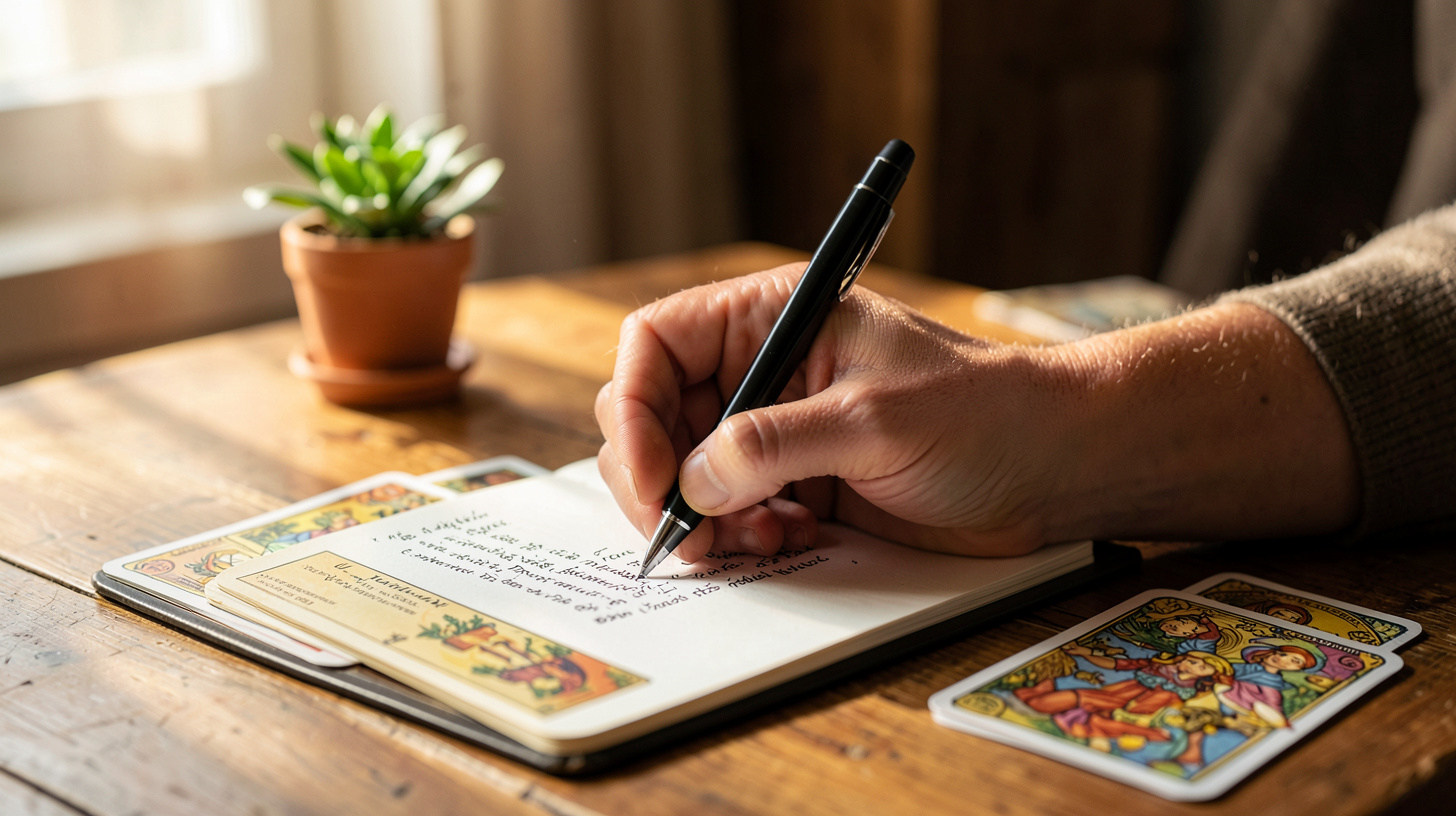 Main écrivant dans un carnet à côté de cartes sans texte et d’une plante