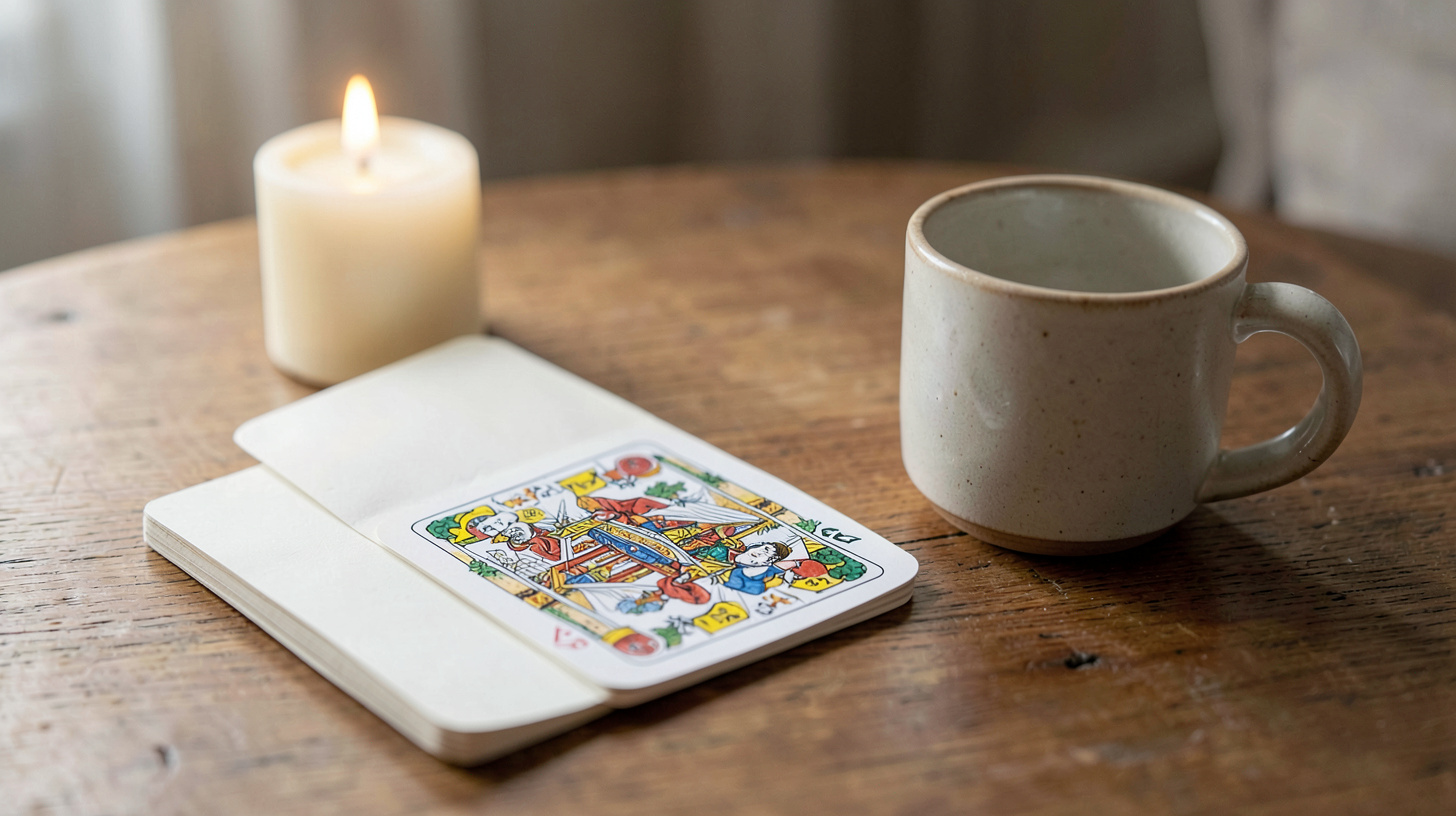 Jeu de cartes sans texte, carnet vierge et bougie dans une ambiance apaisante
