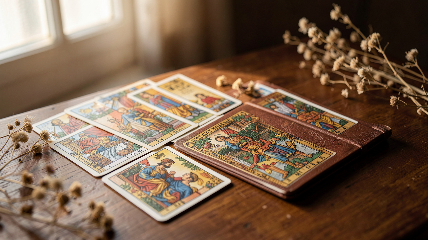 Disposition de cartes sans texte et détails dorés sur une table en bois clair