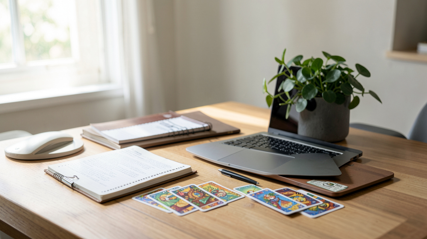 Bureau lumineux avec carnet, ordinateur fermé et cartes sans texte