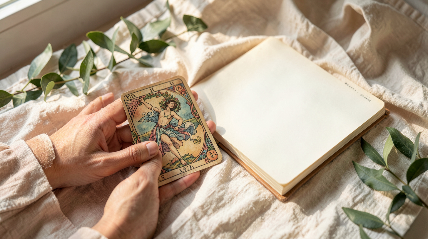 Tirage de tarot et carnet pour réfléchir à un accomplissement