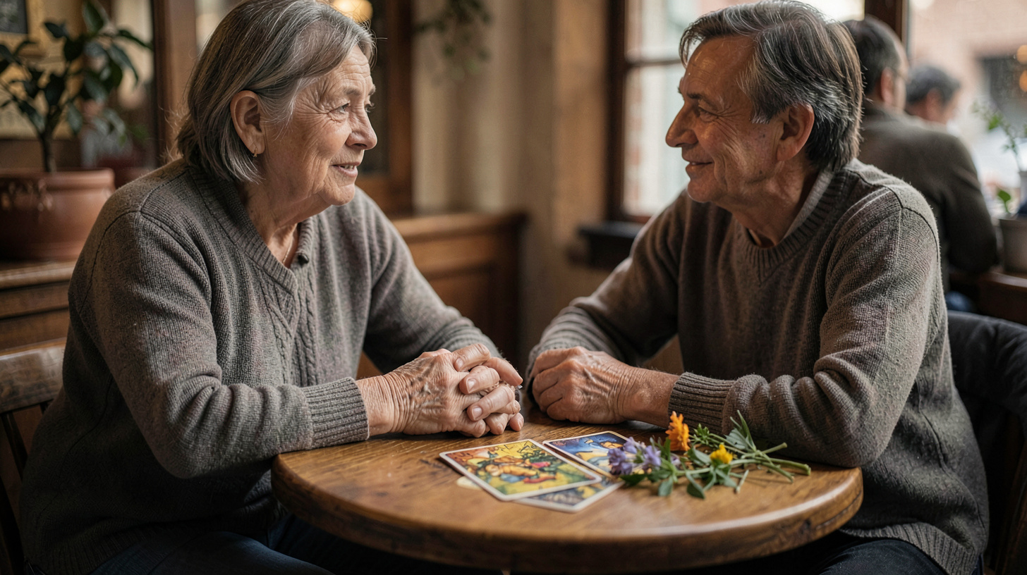 Deux personnes réunies autour d’un jeu de tarot dans une atmosphère apaisée