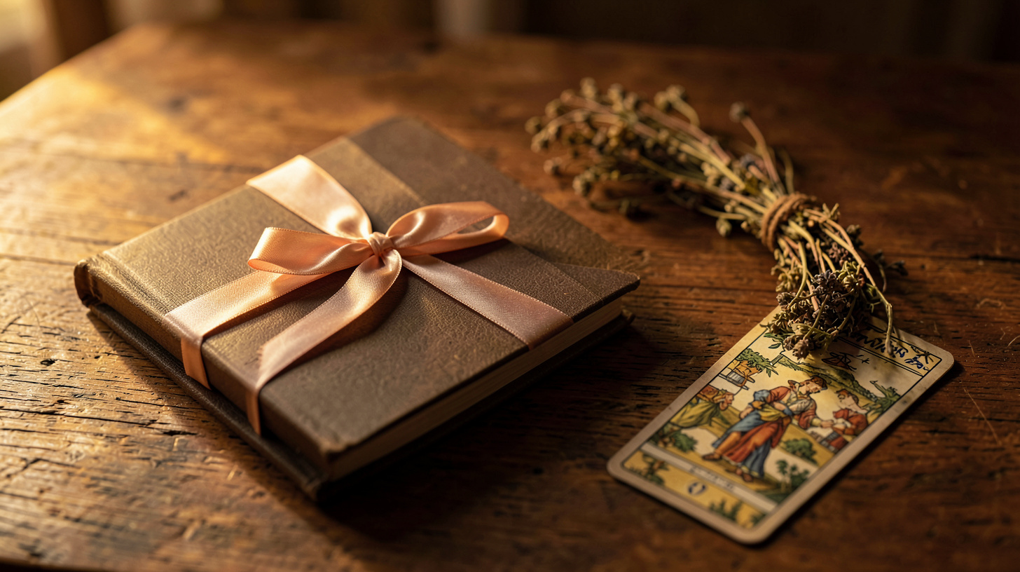 Carnet fermé, couronne végétale et carte de tarot pour symboliser une fin de cycle