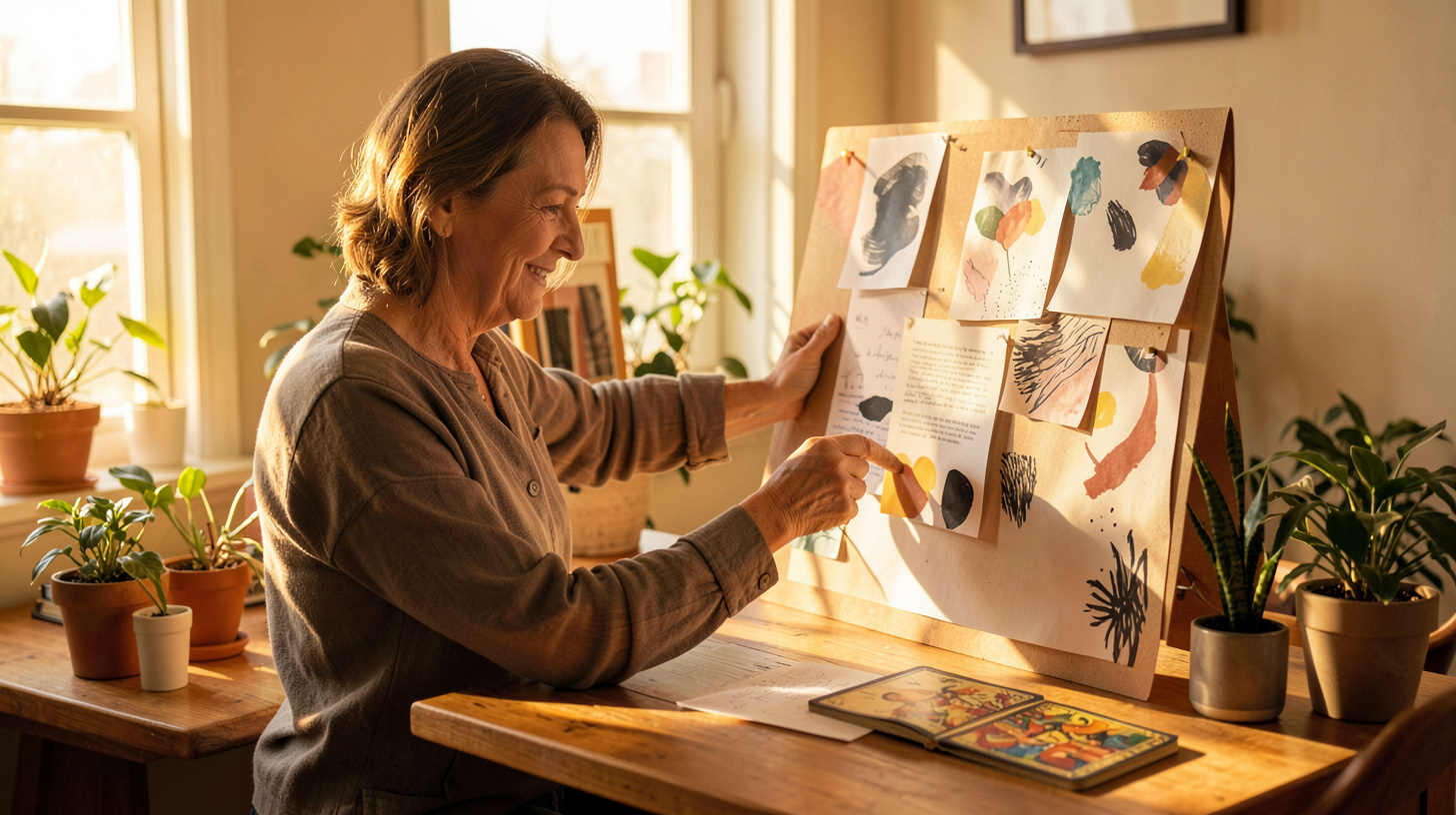 Personne travaillant à un projet achevé avec un jeu de tarot sur son bureau