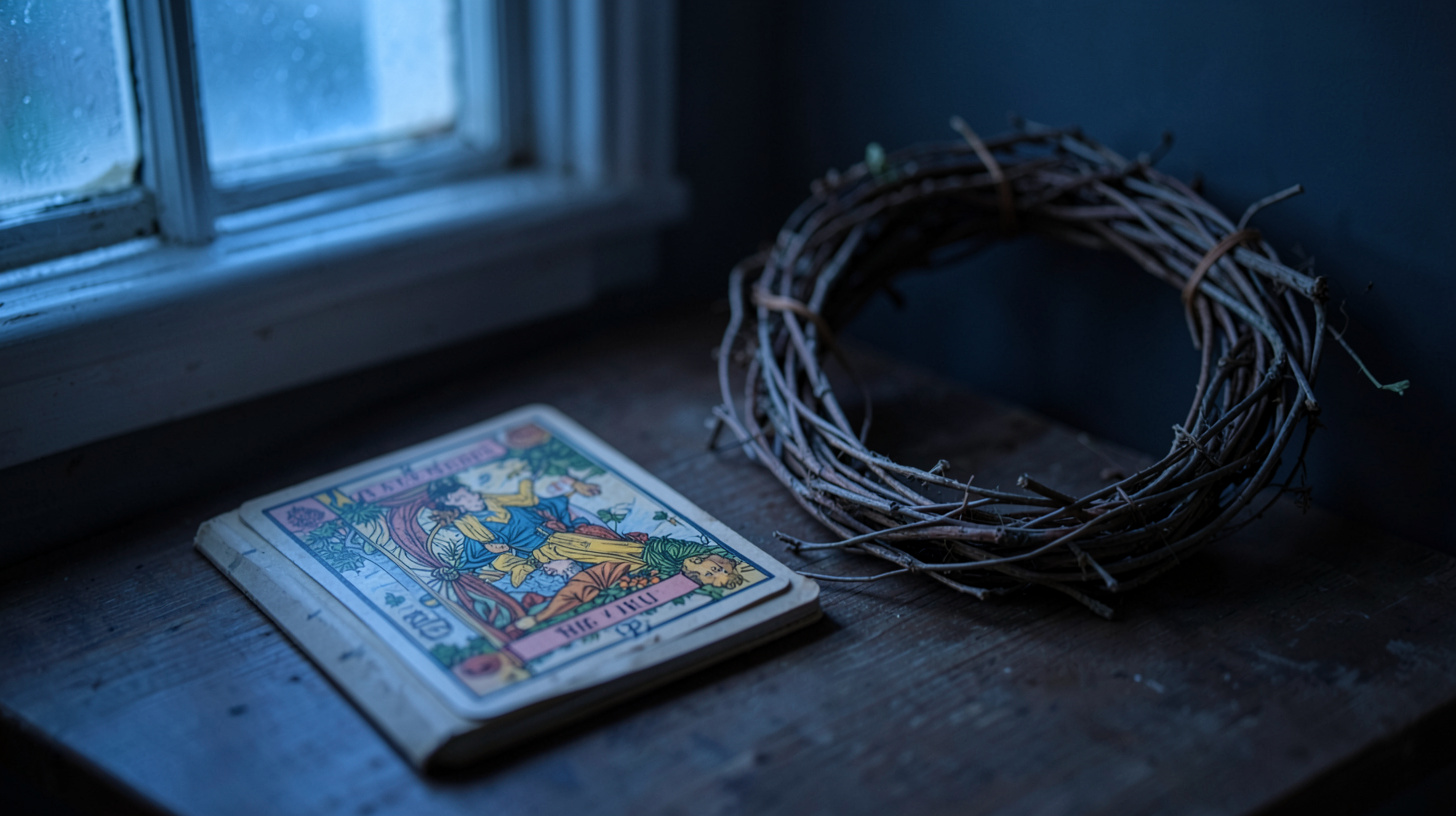 Carte de tarot retournée près d’une couronne inachevée au crépuscule