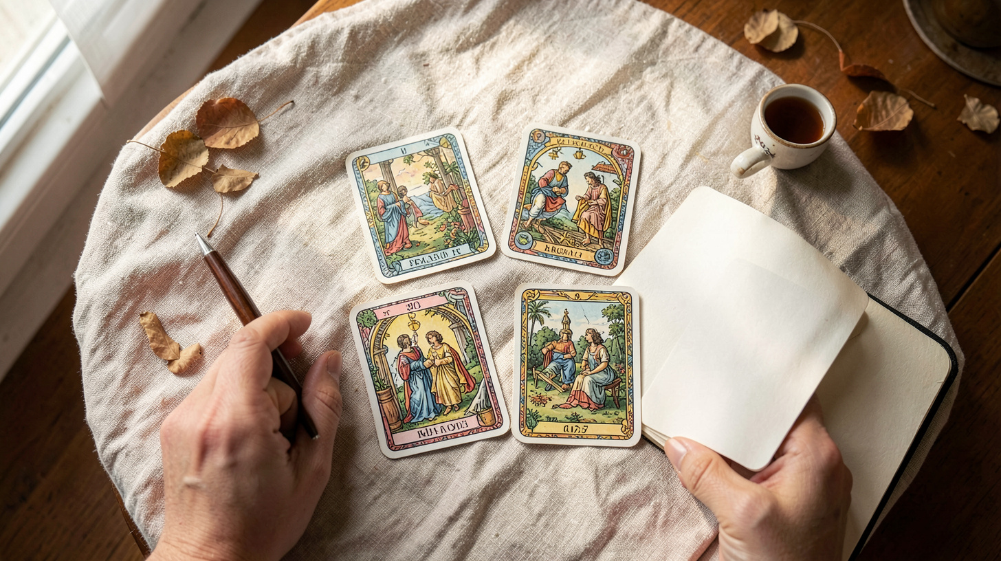 Tirage de quatre cartes sur une table en lin avec carnet et tasse de thé