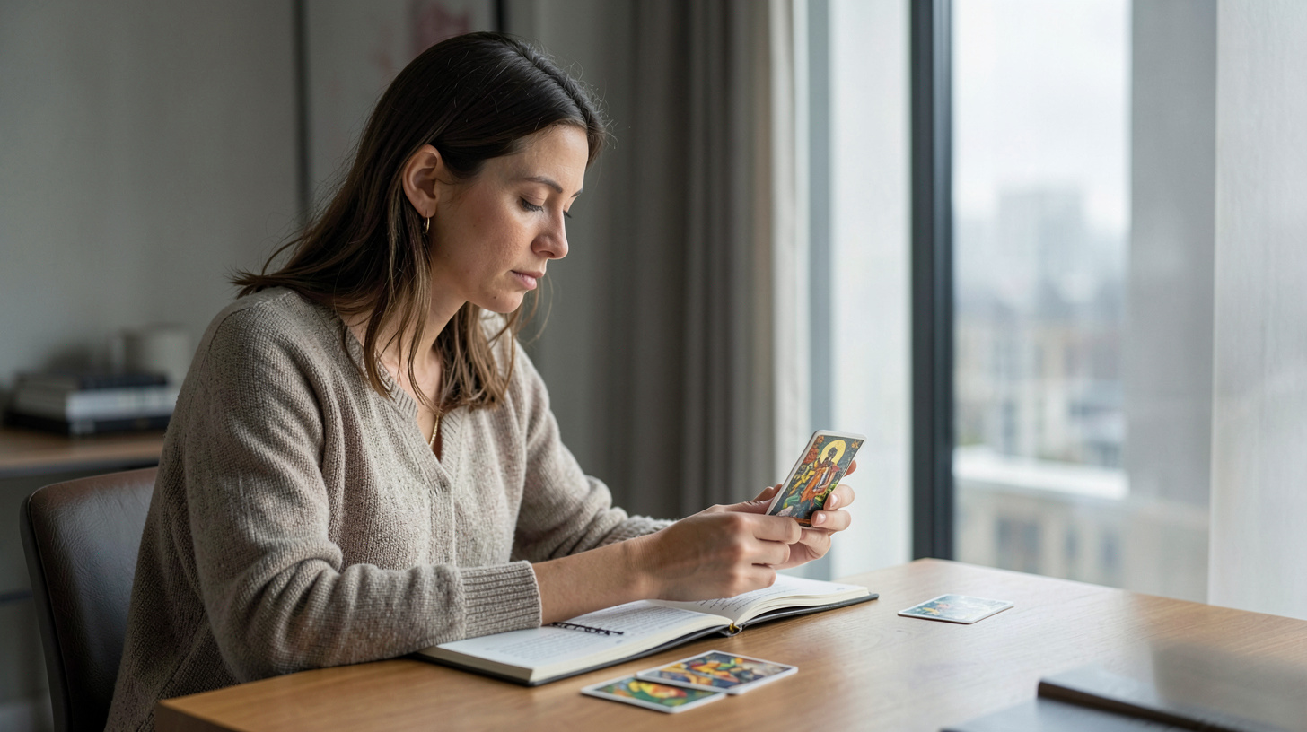 Femme observant une carte de tarot près d’une fenêtre