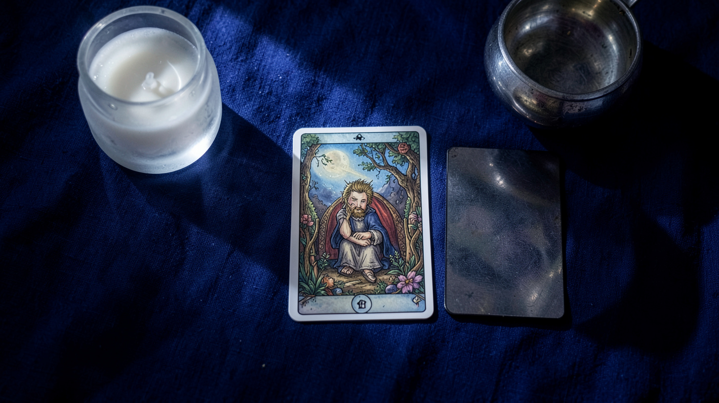 Jeu de tarot étalé sur un tissu sombre dans une lumière de lune délicate