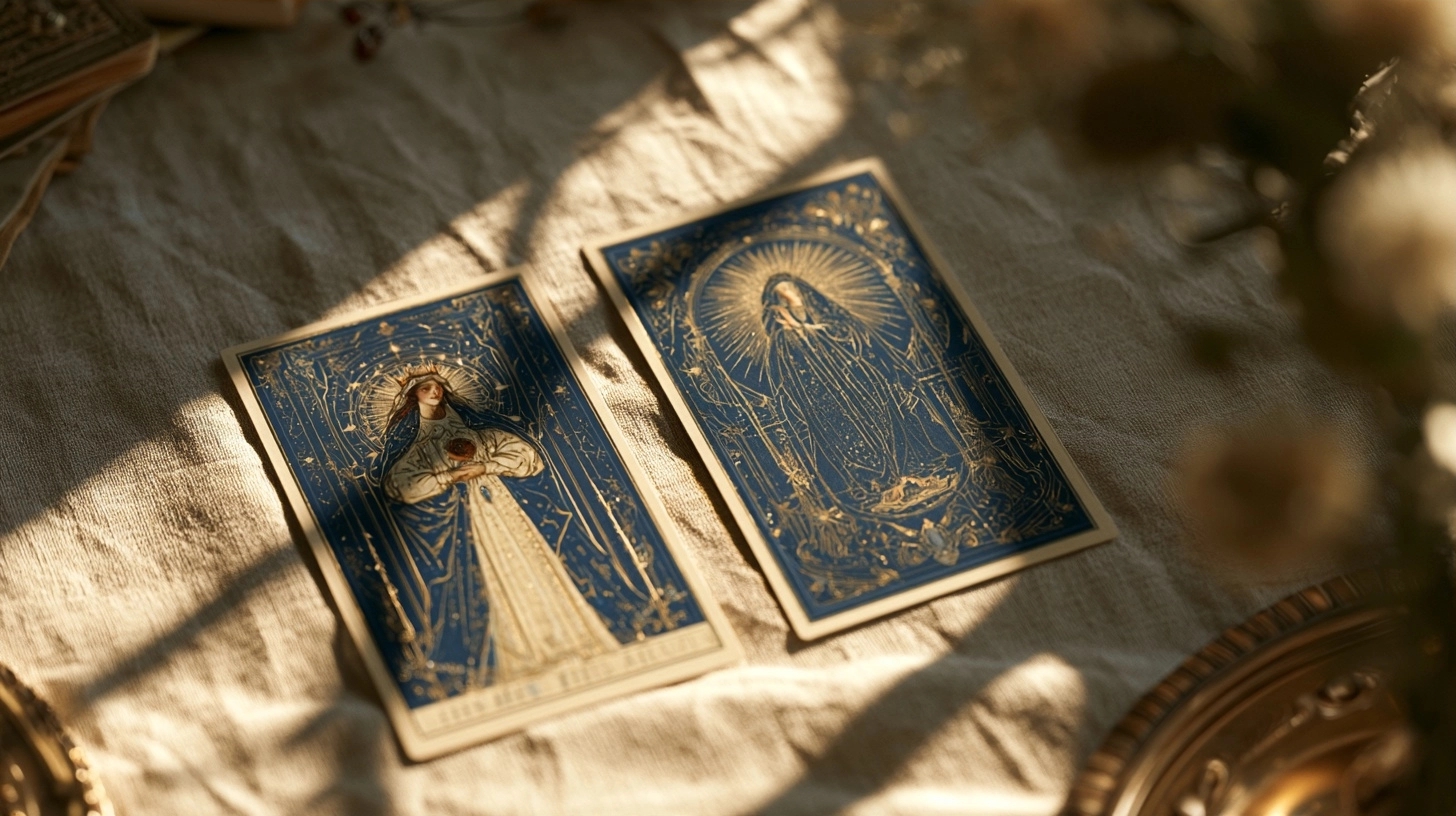 Deux cartes de tarot posées sur du lin dans une lumière douce, pour accompagner les nuances d’interprétation de la Maison Dieu.