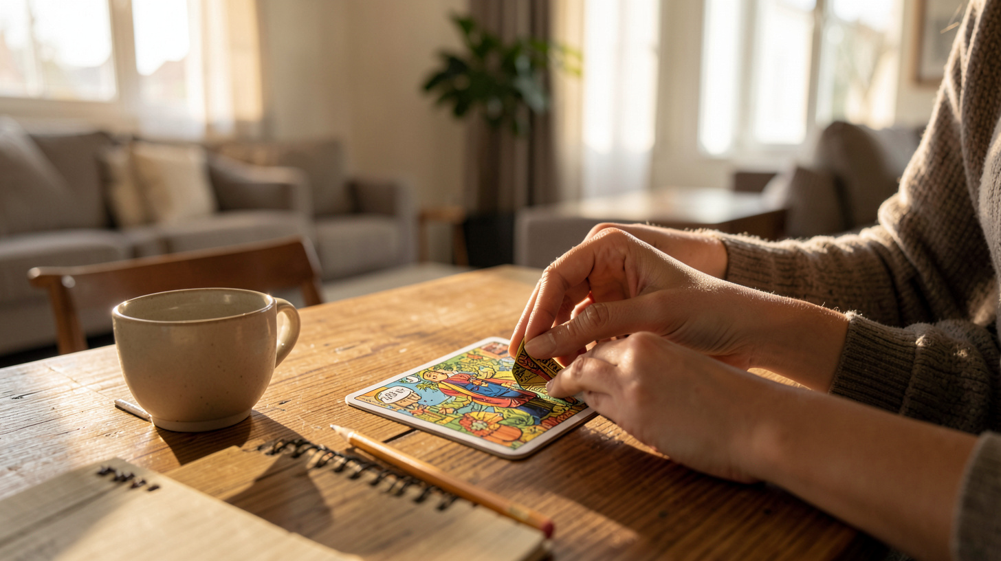 Mains mélangeant des cartes de tarot avant un tirage amoureux