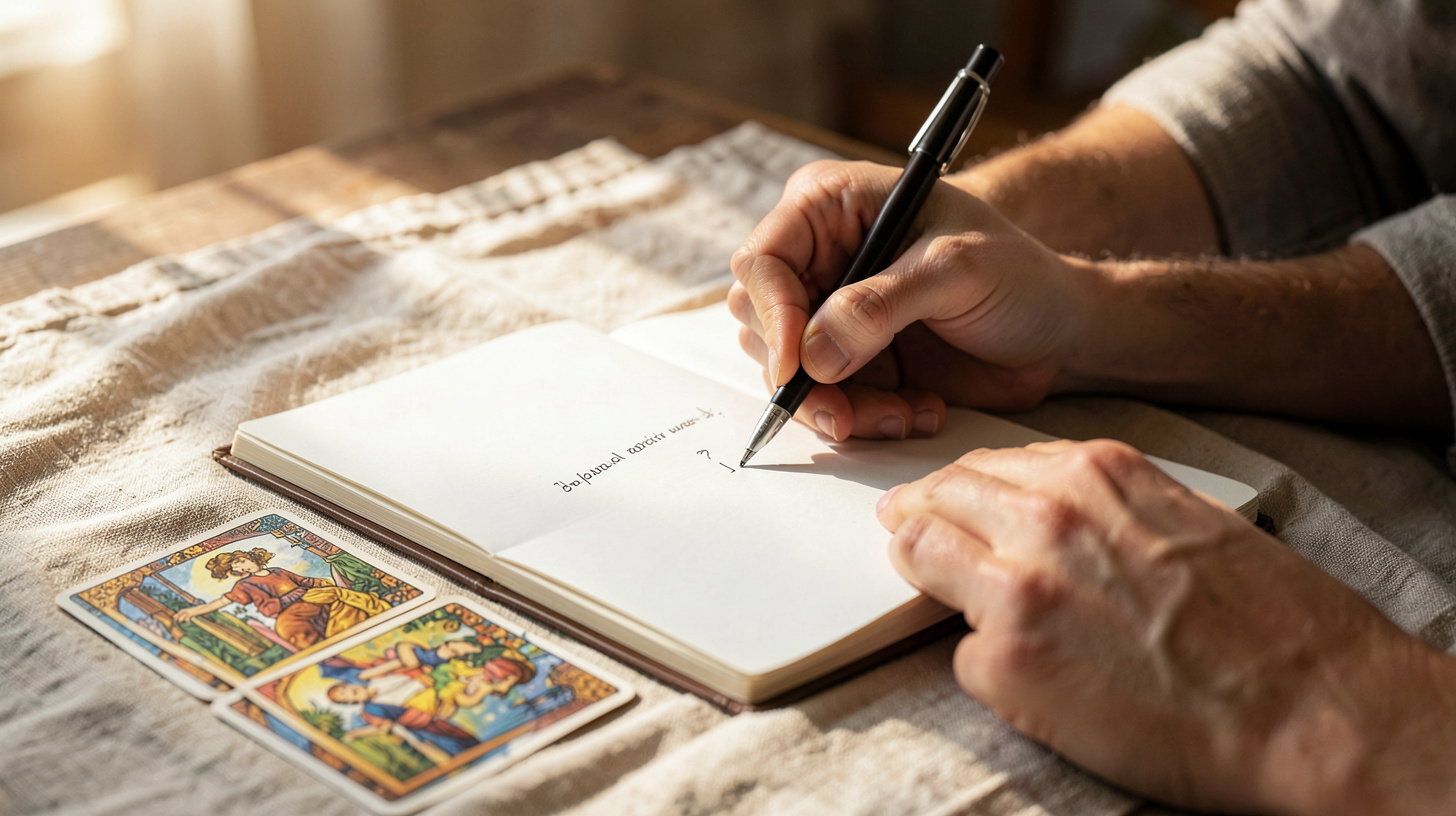 Mains écrivant une question ouverte dans un carnet près de cartes de tarot
