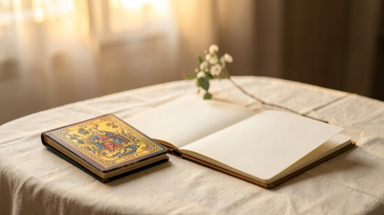Carnet ouvert, bouquet discret et cartes de tarot rangées dans une ambiance sereine