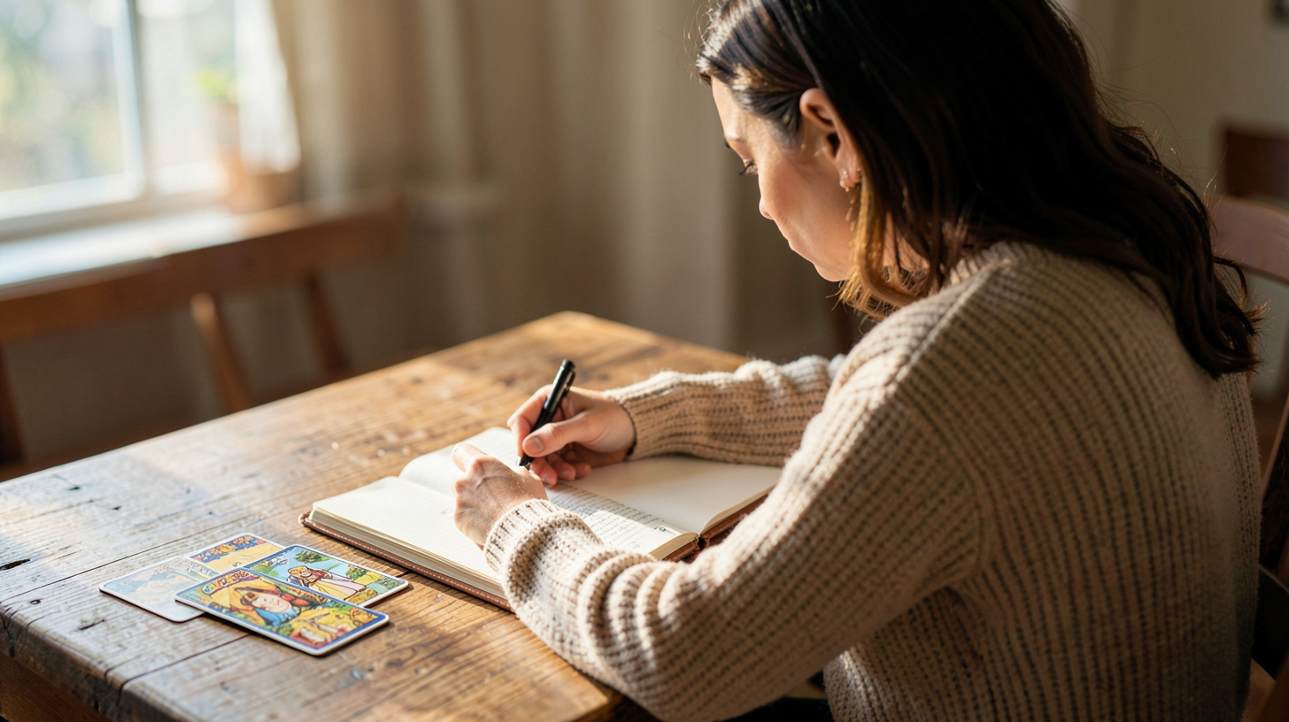Personne écrivant ses pensées dans un carnet avec des cartes de tarot sur une table en bois