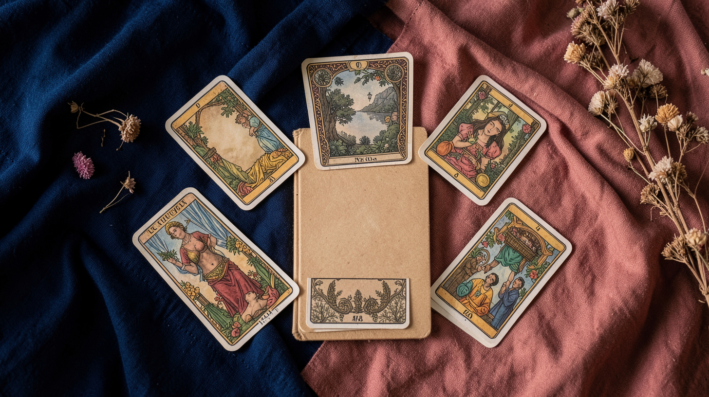 Sept cartes de tarot disposées autour d’un carnet de réflexion