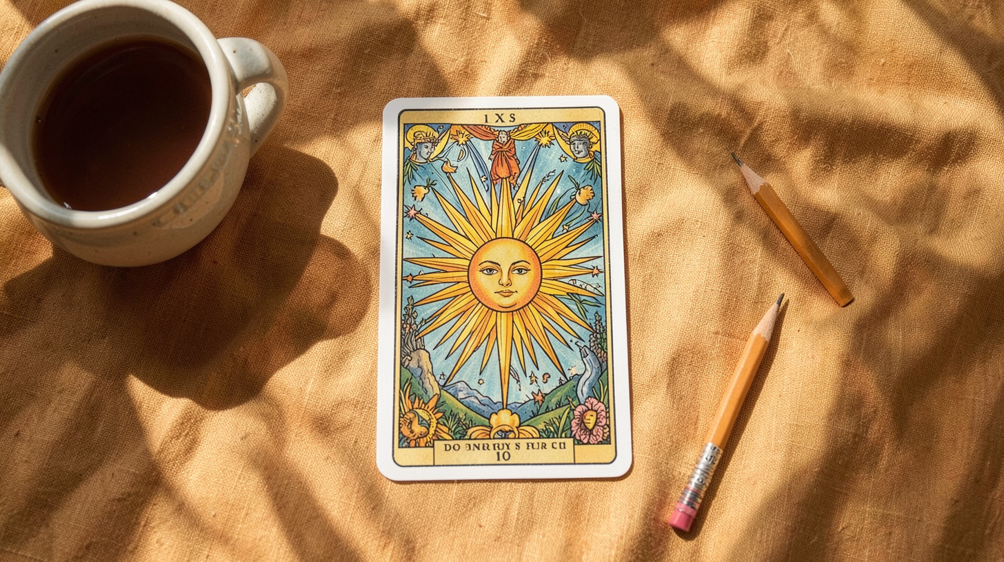 Tirage de tarot lumineux sur un tissu ocre avec une tasse de thé