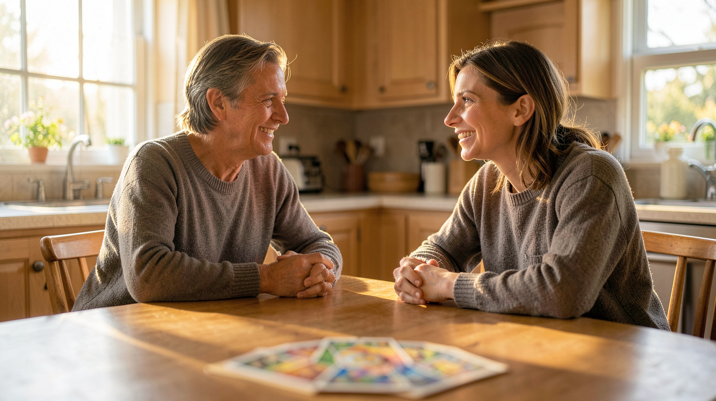Deux personnes se parlant avec complicité dans une lumière de fin de journée, cartes de tarot au premier plan