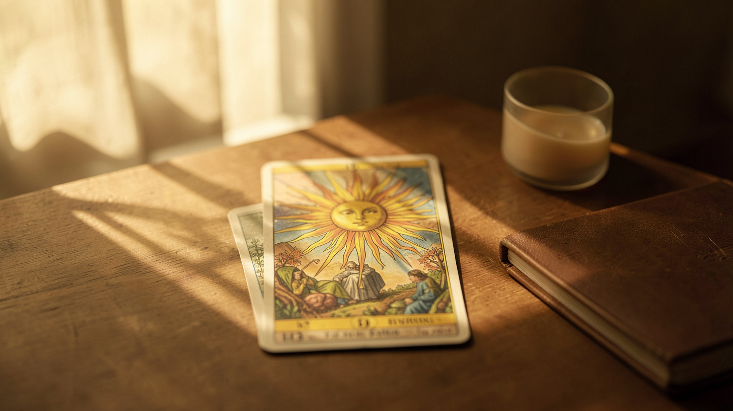 Table de tirage de tarot dans une lumière dorée et une ombre douce, ambiance introspective