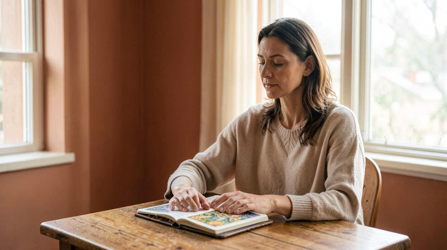 Femme assise près d’une fenêtre avec un jeu de tarot et un carnet, dans une ambiance calme et chaleureuse