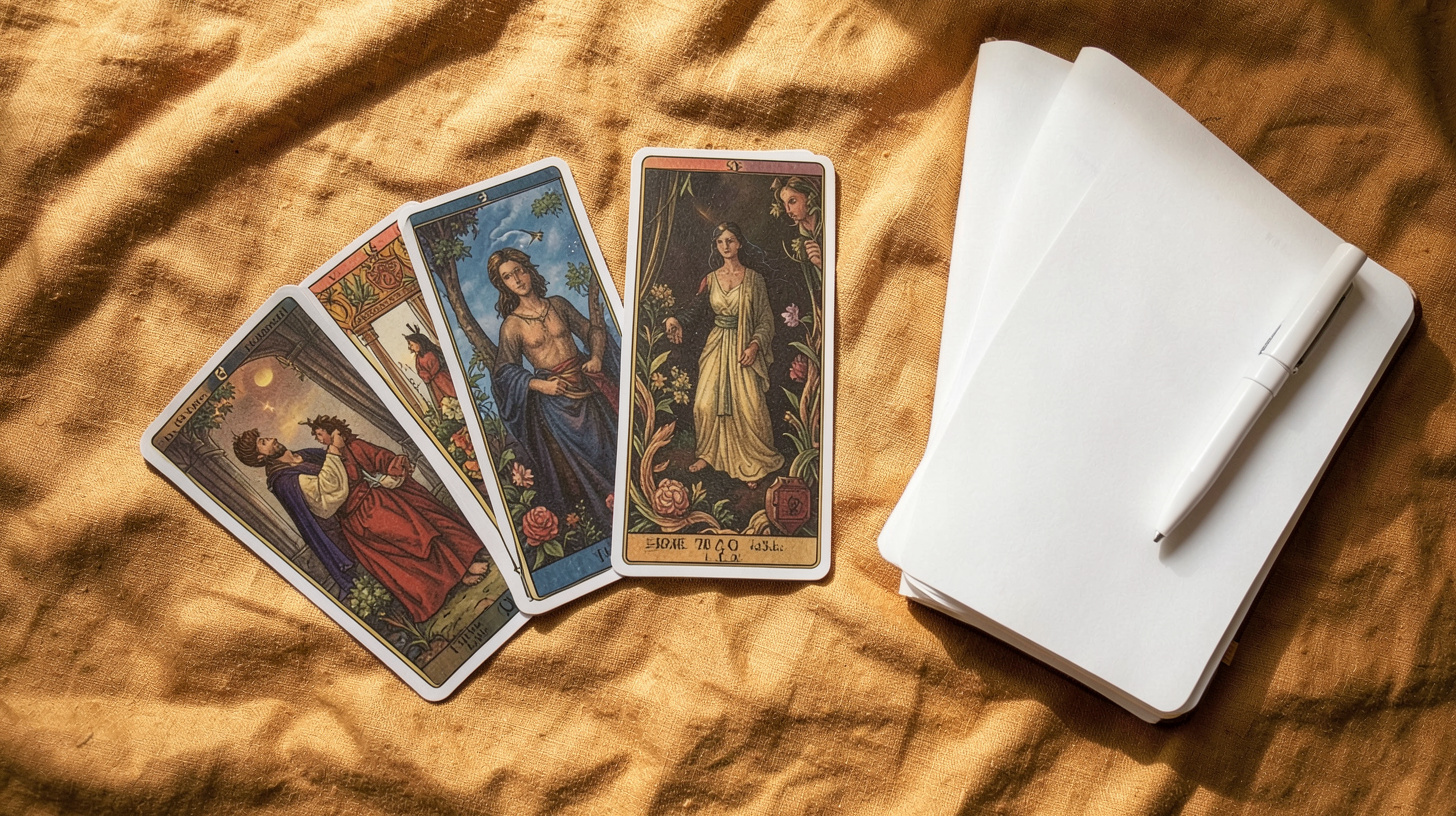 Cinq cartes de tarot disposées face cachée sur un tissu ocre avec un carnet à côté