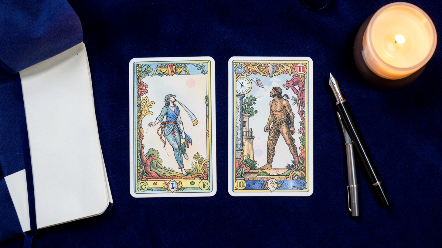 Quatre cartes de tarot disposées en carré sur un tissu bleu nuit avec un carnet