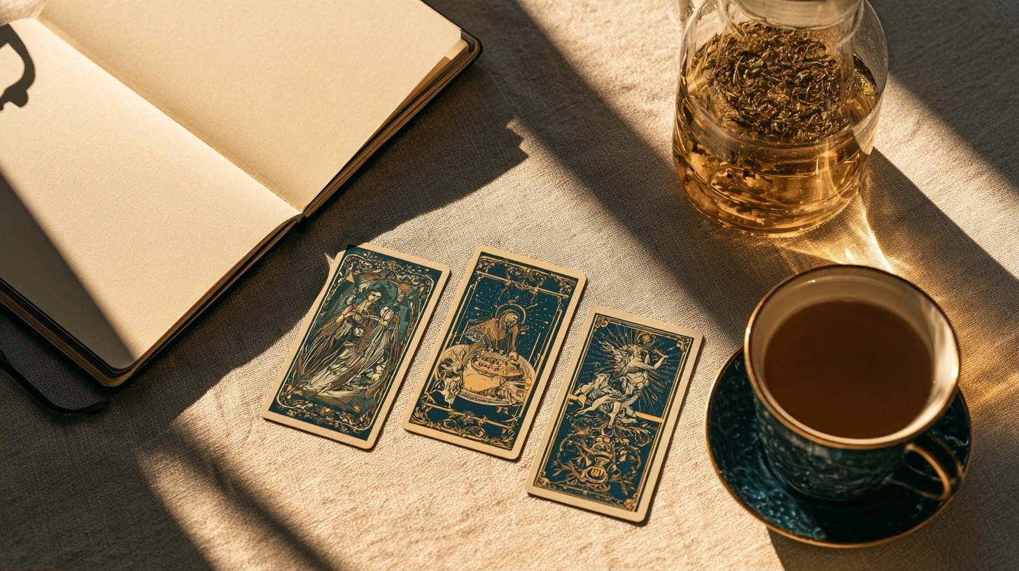 Un tirage de trois cartes, un carnet et une tasse de tisane sur une table en lin, pour inviter à une lecture apaisée.