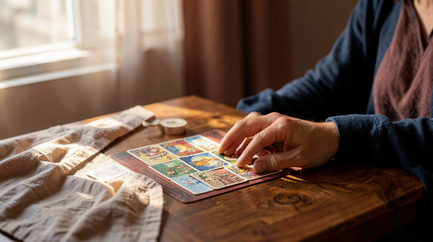 Tirage de tarot sur une table pour éclairer la compatibilité amoureuse
