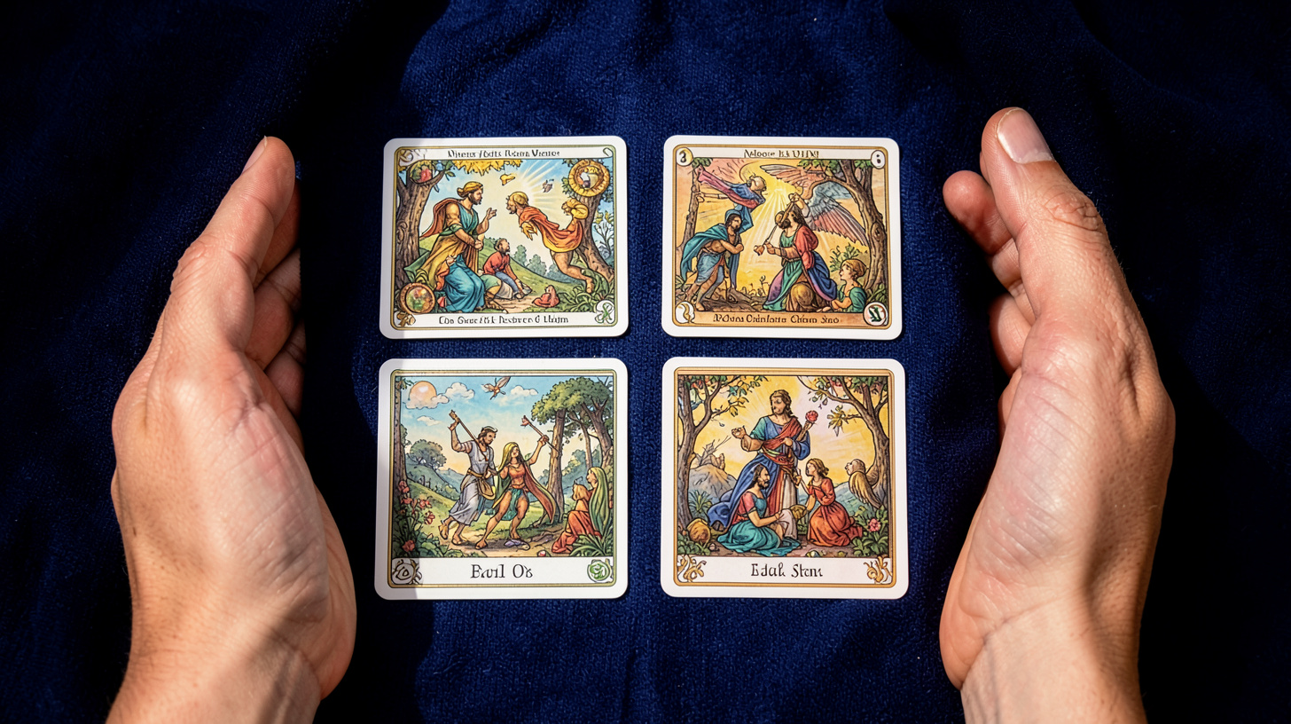 Tirage de compatibilité amoureuse en quatre cartes vu de dessus