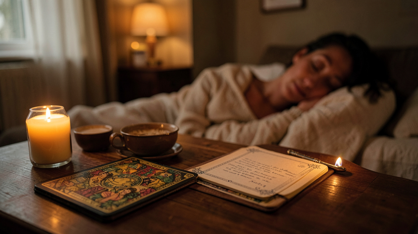 Jeu de tarot fermé, thé et carnet dans une pièce chaleureuse et apaisante.
