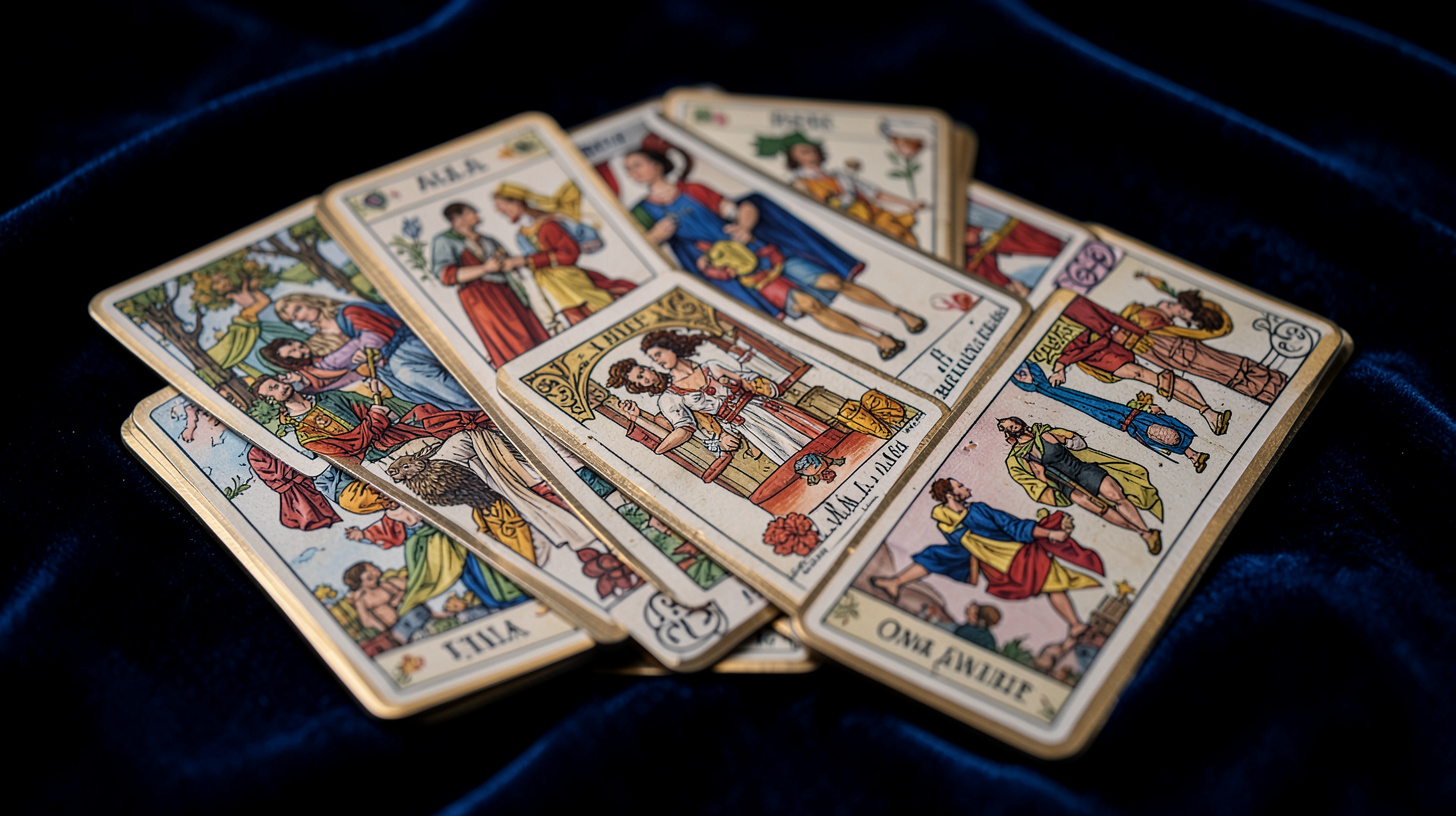 Jeu de tarot ouvert avec plusieurs arcanes sur un tissu bleu nuit
