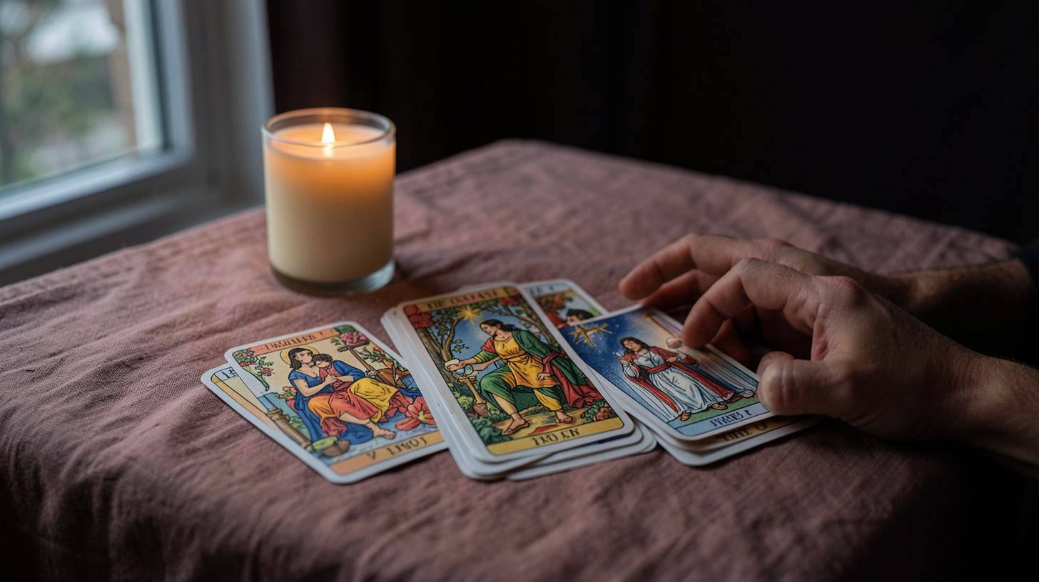 Cartes de tarot sur une table chaleureuse pour illustrer les cartes qui parlent d’amour sincère