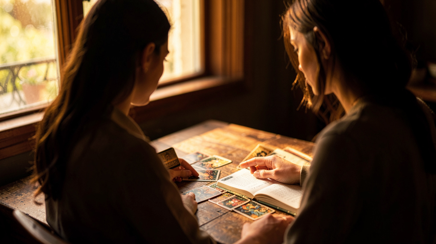 Jeu de tarot, carnet et mains posées dans une ambiance chaleureuse pour réfléchir à une rupture.
