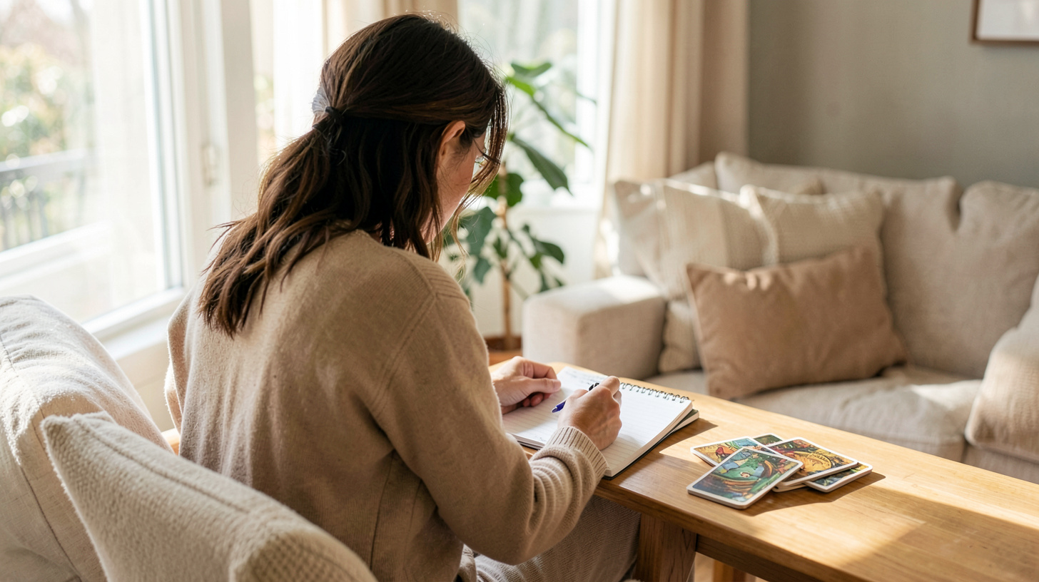 Personne assise près d’une fenêtre avec un carnet et un jeu de tarot