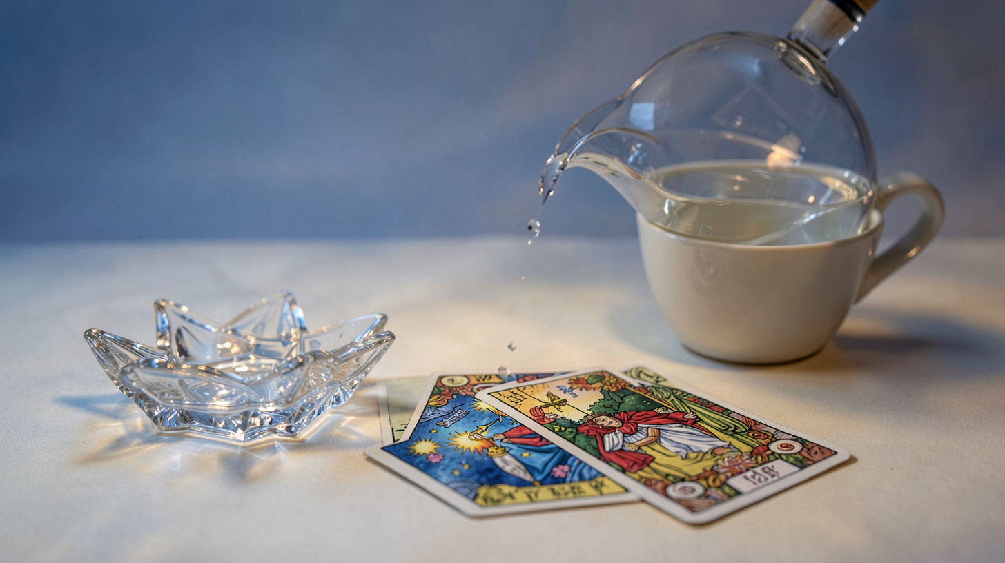 Composition de tarot avec eau, étoile et cartes inspirées de L’Étoile et Tempérance