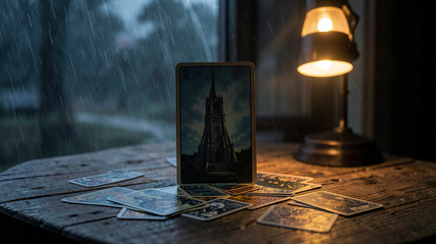 Cartes de tarot sur une table en bois, éclairées par une lampe, dans une atmosphère de réflexion.