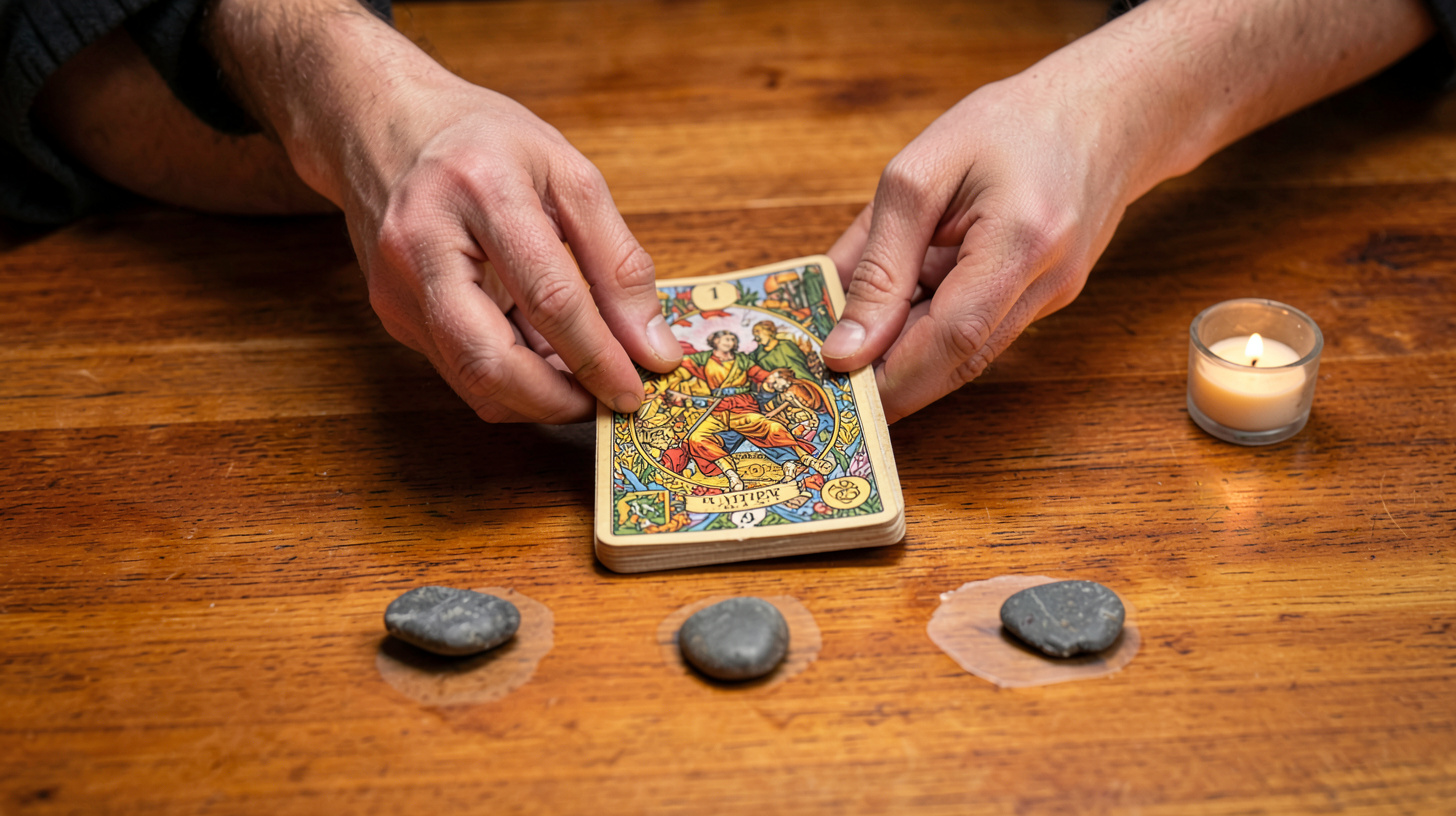 Mains mélangeant un tarot avant un tirage amoureux en trois cartes