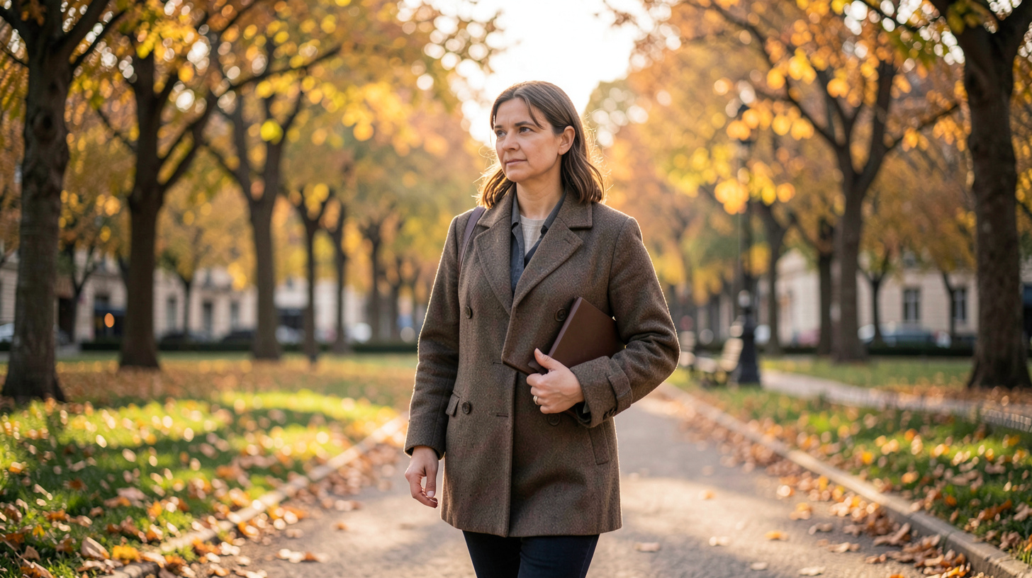 Femme marchant seule dans un parc d’automne avec un carnet sous le bras