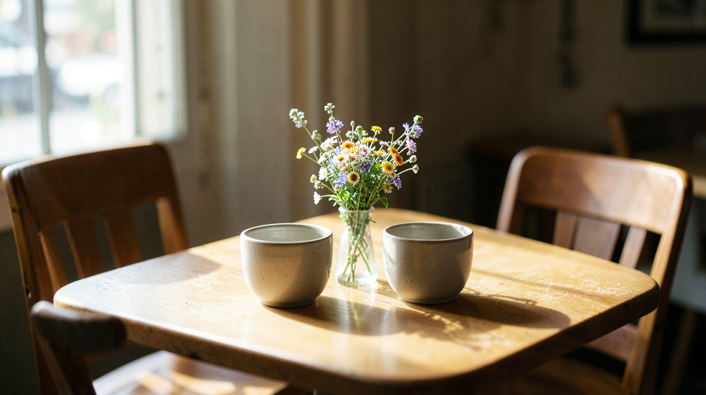 Deux tasses et un bouquet simple sur une table lumineuse, évocation d’une rencontre apaisée